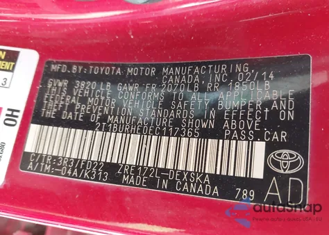 2014 Toyota Corolla L/Le/Le Pls/Prm/S/S Pls z USA, uszkodzony, nr VIN 2T1BURHE0EC117365